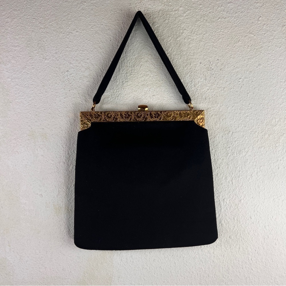 DAION VINTAGE BLACK CLOTH HANDBAG w/goldstone metal frame & mirror pocket